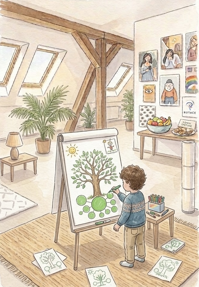 Dítě kreslí životní mapu na flipchart